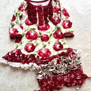 SweetHoney White and Red Floral Ruffle Dress & Bloomers Set